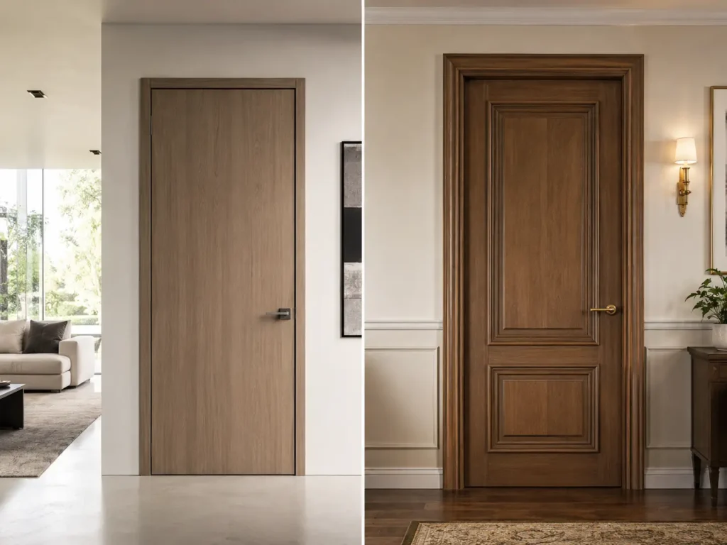 Side-by-side comparison of a modern flush door and a classic panel door in elegant interior settings