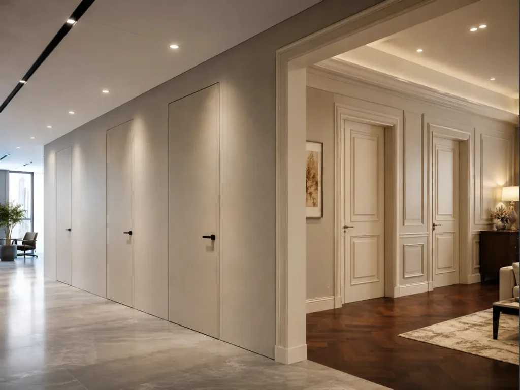 Modern commercial hallway with flush doors beside a luxury residential space with panel doors