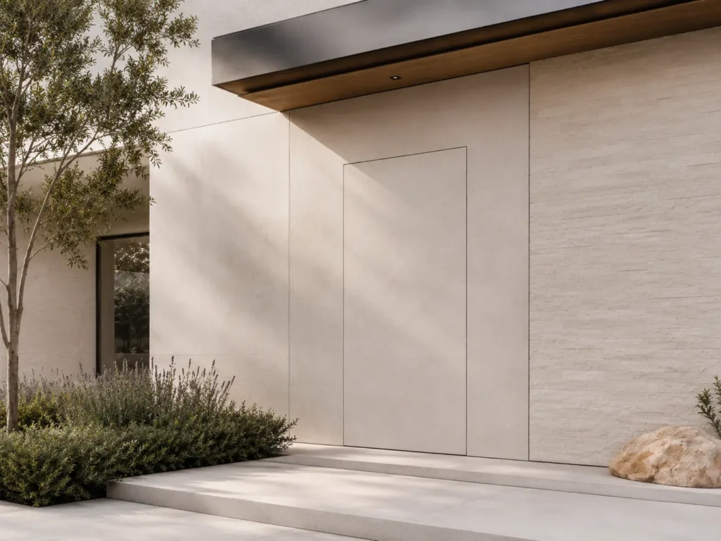 Flush-to-wall invisible entry door integrated into a pale stone minimalist villa facade