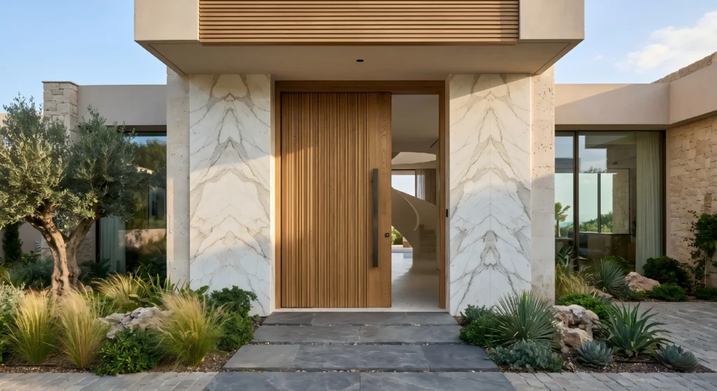 Close-up of a modern architectural front door featuring a large vertical fluted wood pivot door, centered between symmetrical book-matched marble exterior walls and premium desert landscaping.