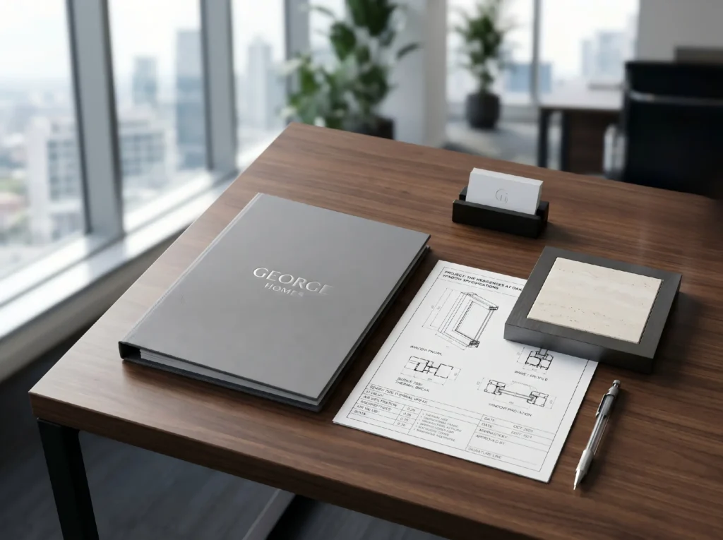 George Homes project management portfolio containing custom window dimension CAD drawings and material samples for commercial building solutions.