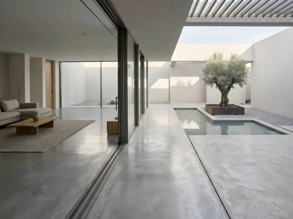 Custom floor-to-ceiling sliding glass doors and high-end replacement windows in a modern minimalist courtyard villa supplied by George Homes.