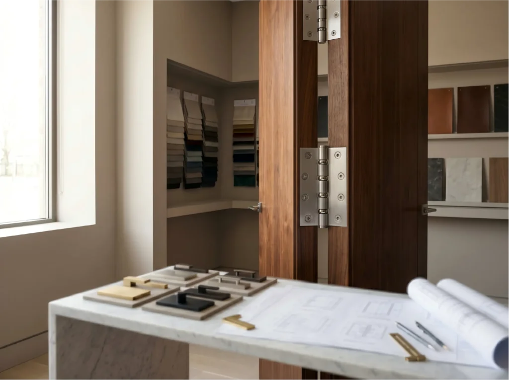 George Homes commercial showroom displaying architectural blueprints, custom hardware samples, and premium door solutions for global contractors.