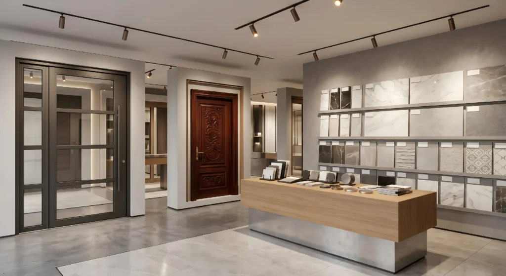 George Homes offline showroom featuring custom doors, tiles, and one-stop project materials for global B2B buyers.