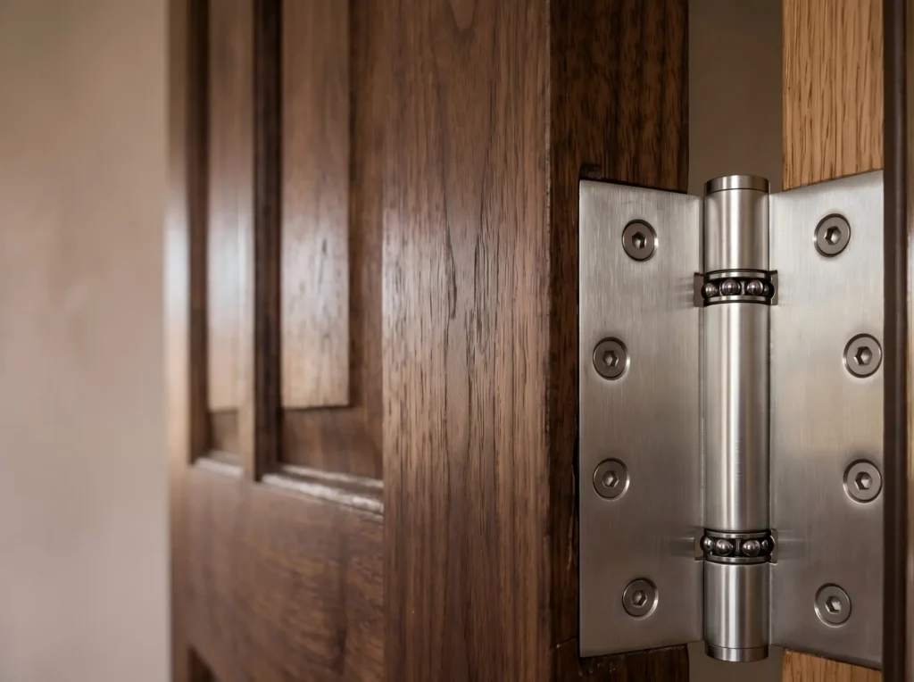 Premium heavy-duty stainless steel ball-bearing door hinge installed on a custom solid wood door for high-end building projects.