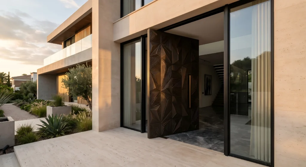 Heavy-duty cast aluminum door swung open, showcasing its substantial thickness, solid structural hinges, and seamless threshold transition to the villa interior.