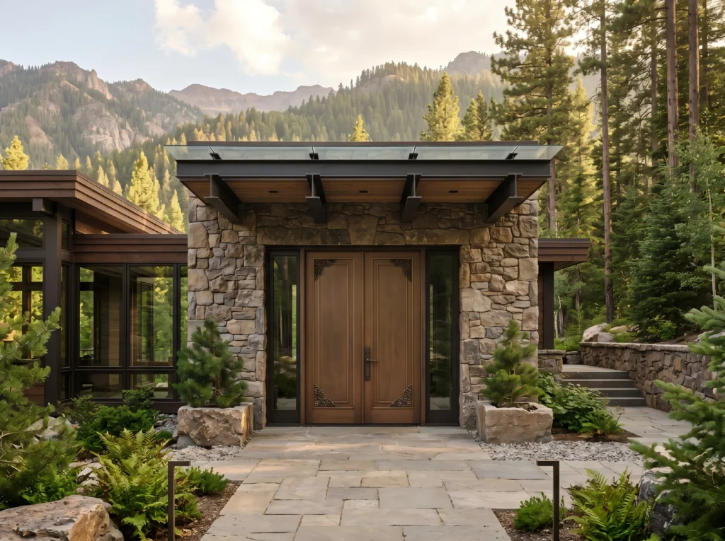 Heavy-duty luxury double entry door integrated into a contemporary mountain villa with natural stone architecture.