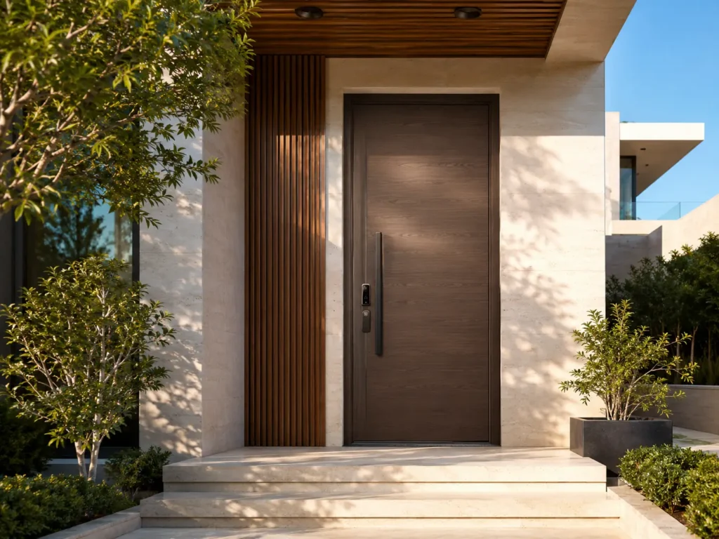 Heavy-duty steel security door with a natural wood look, seamlessly integrated with modern stone and wood exterior architecture.