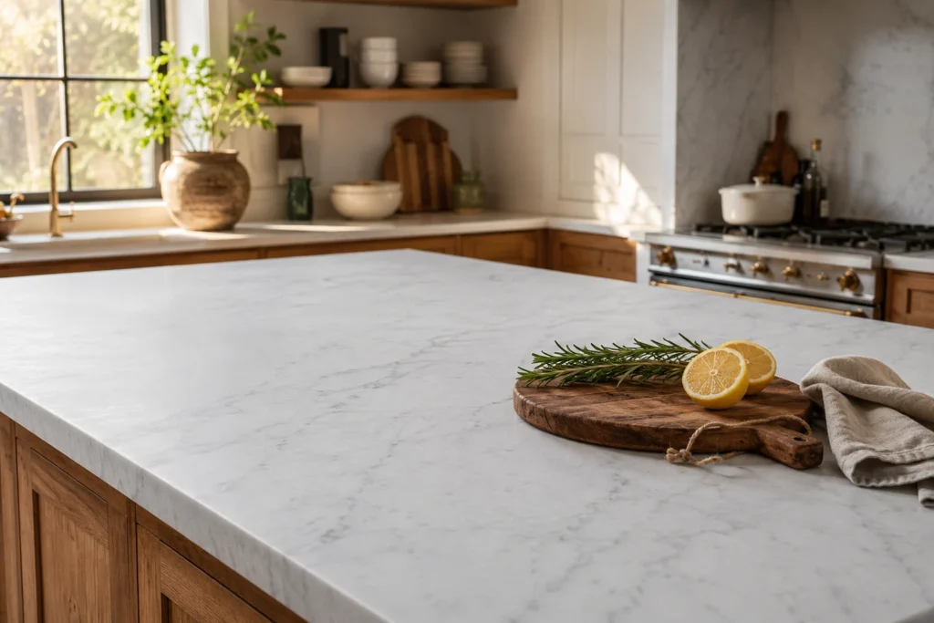 Honed white marble kitchen countertop in a luxury villa project, demonstrating a matte, durable surface perfect for high-traffic food preparation areas.