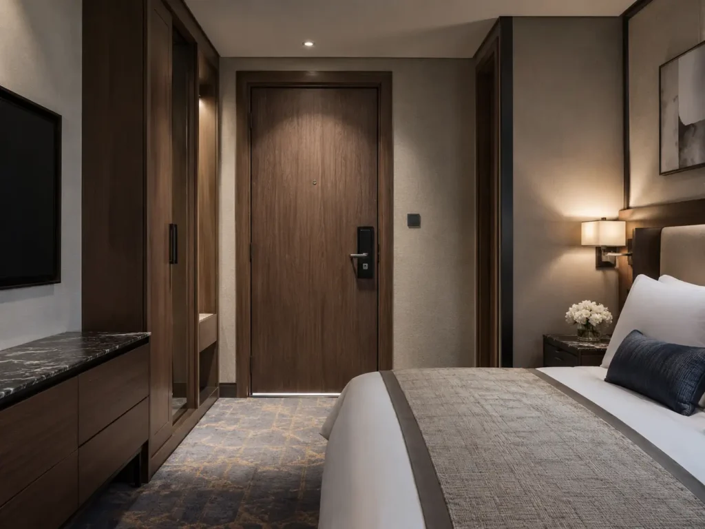 Inside view of a solid wood hotel room door featuring an electronic smart lock and peephole.