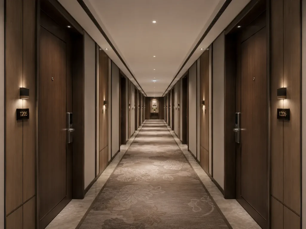 A row of modern, dark wood hotel room doors viewed from a well-lit hallway corridor.