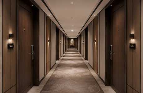 A row of modern, dark wood hotel room doors viewed from a well-lit hallway corridor.