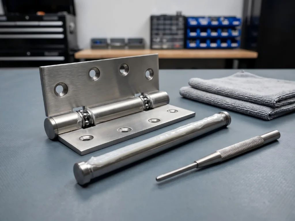 Disassembled architectural door hinge and extracted pin coated with white lithium grease, alongside maintenance tools for permanent squeak prevention.