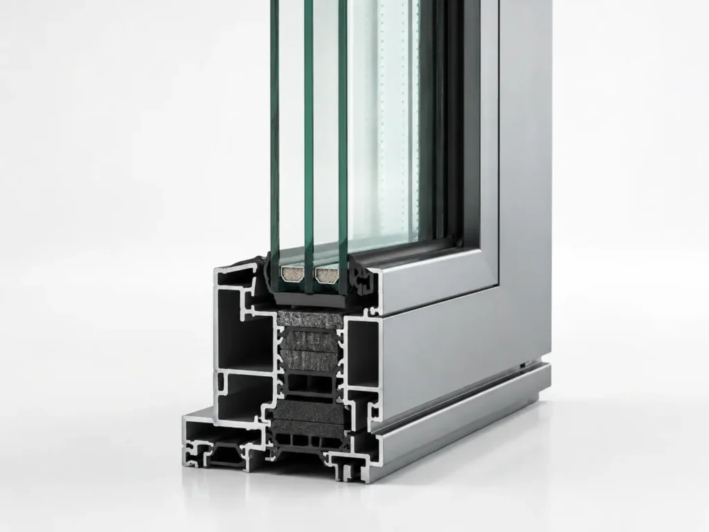 Close-up cross-section of impact resistant window with laminated glass and thermally broken aluminum frame