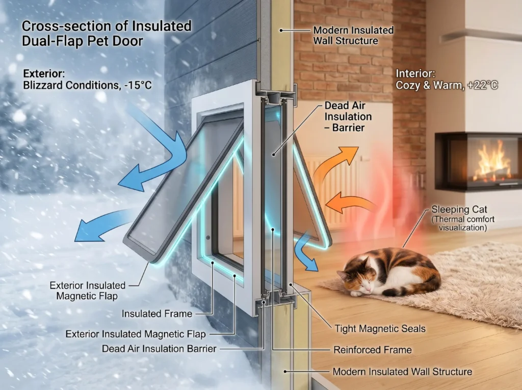 Architectural cross-section diagram showing the weatherproofing and thermal insulation mechanisms of a dual-flap pet door blocking extreme cold air.