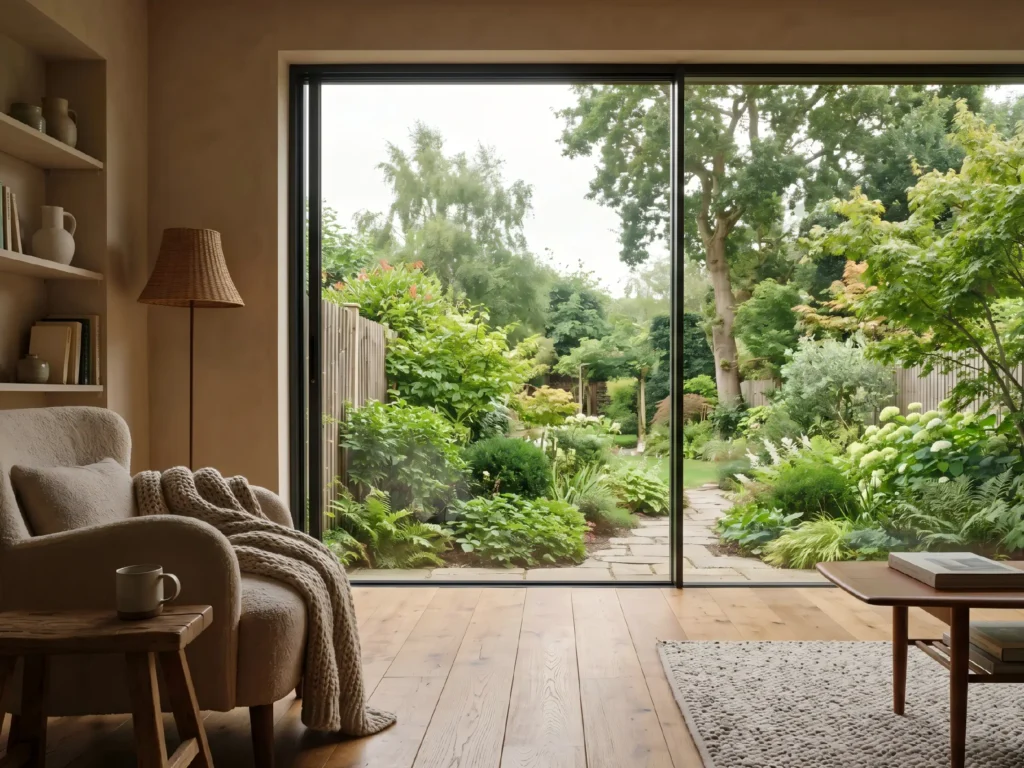 Cozy interior living space looking out through expansive thermal break aluminum windows into a lush green garden, showcasing seamless architectural integration.