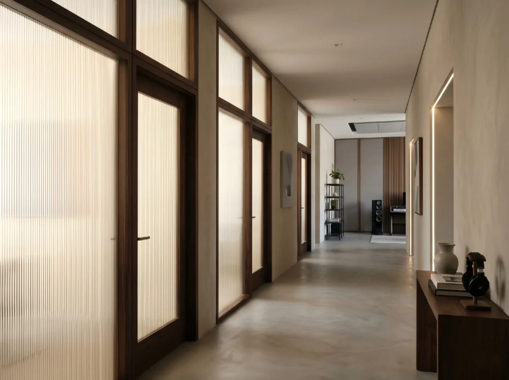 Interior transom windows with fluted glass mounted above dark wood corridor doors, providing shared natural light while maintaining executive privacy.