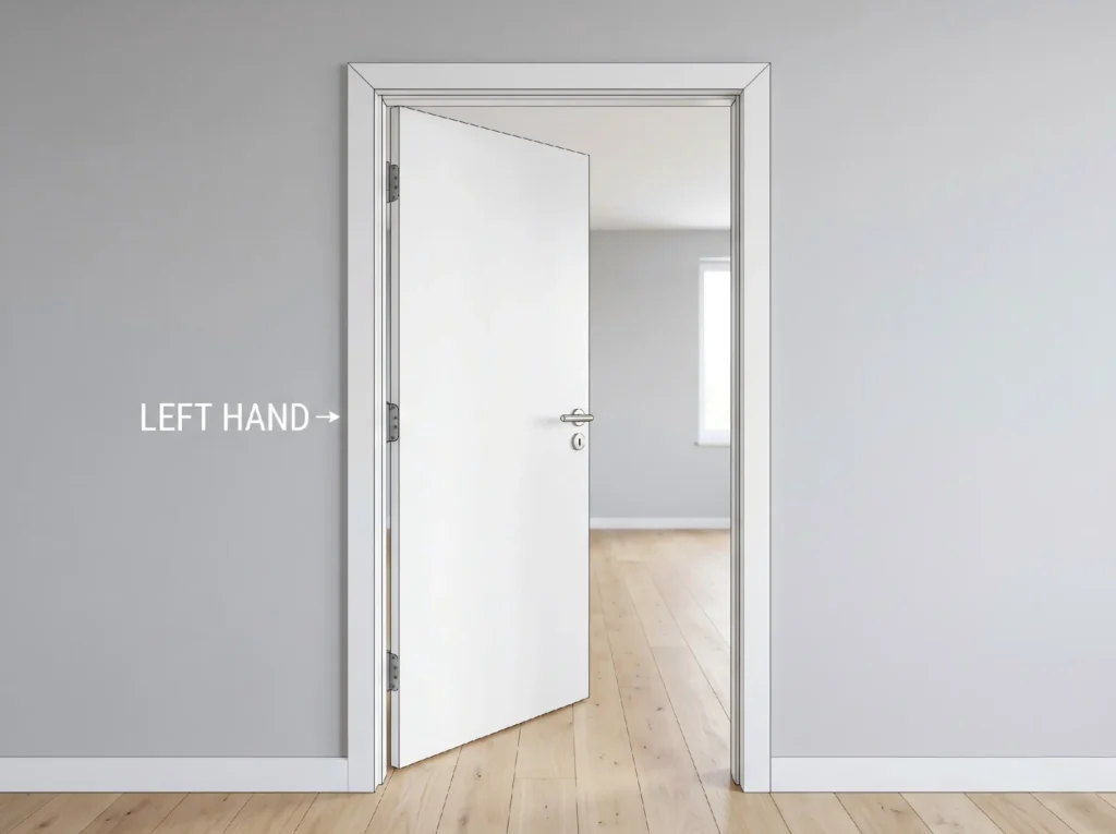A white interior left hand door swinging inward, demonstrating how to identify a left hand swing direction with hinges on the left side.