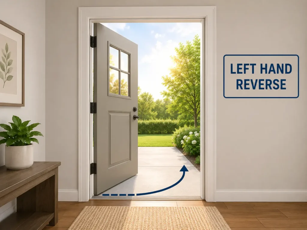 A residential exterior left hand reverse door swinging outward, illustrating the outswing path for patio and entryway doors.