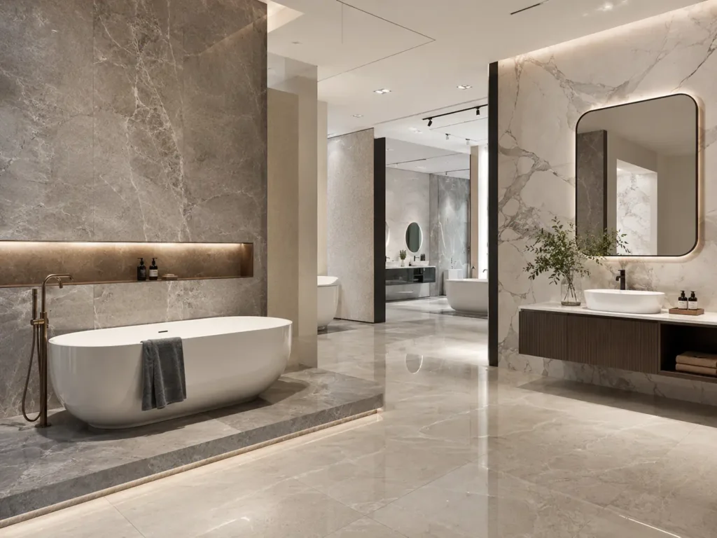 Luxury bathroom showroom featuring a freestanding tub, custom vanity, and wholesale large-format marble tiles from China.