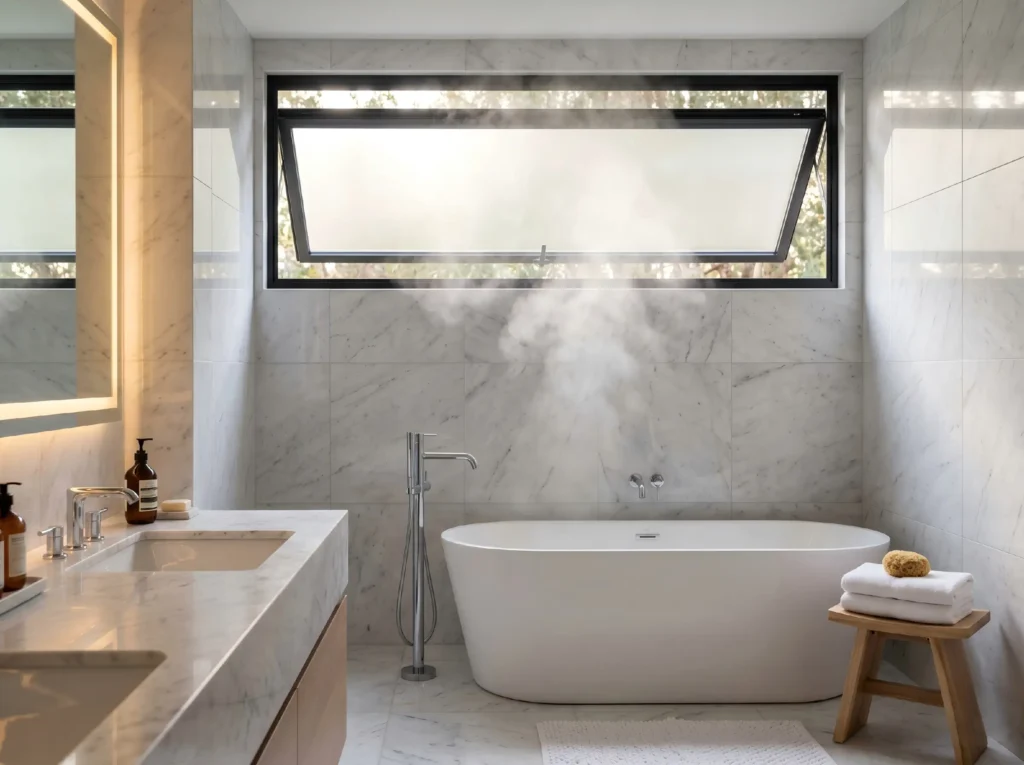 High-end marble bathroom with freestanding tub. Steam rises towards an open, black-framed awning window positioned for privacy.