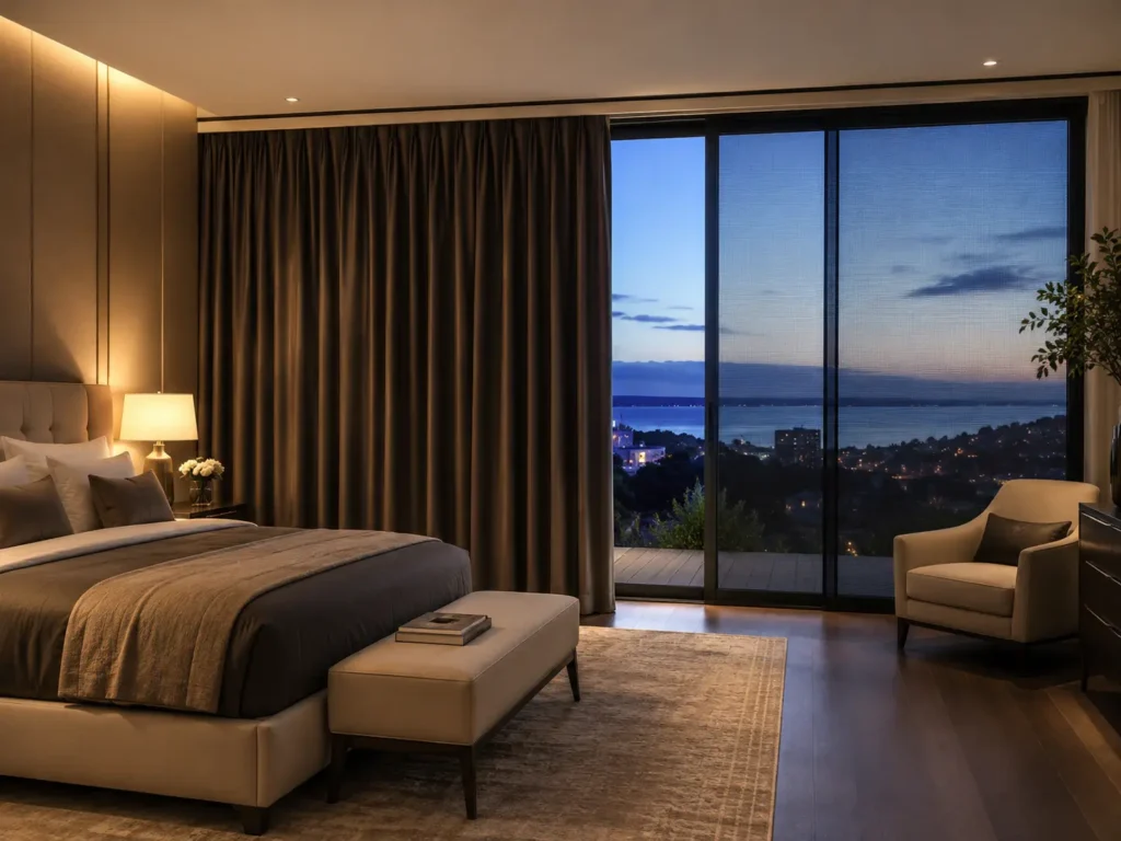 Interior of a luxury bedroom at dusk featuring heavy brown blackout sliding window curtains stacked beside large glass doors with an insect screen, overlooking a city bay view by George Homes.
