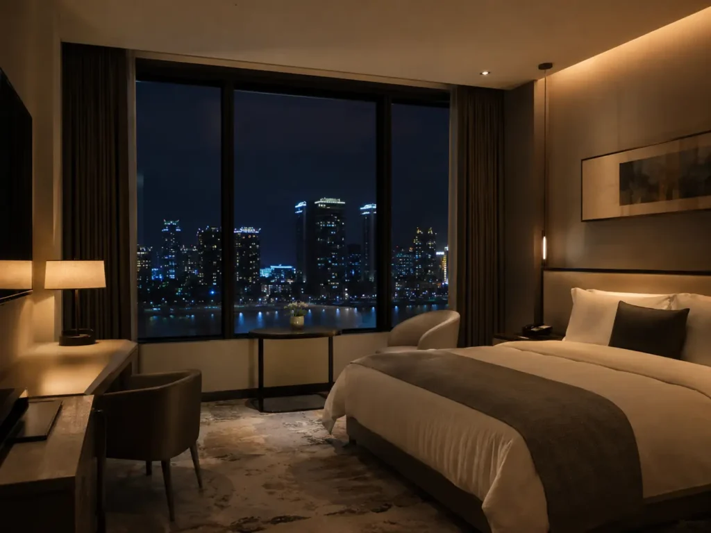A luxurious hotel bedroom at night with customized large windows showcasing a bright city skyline and waterfront view.
