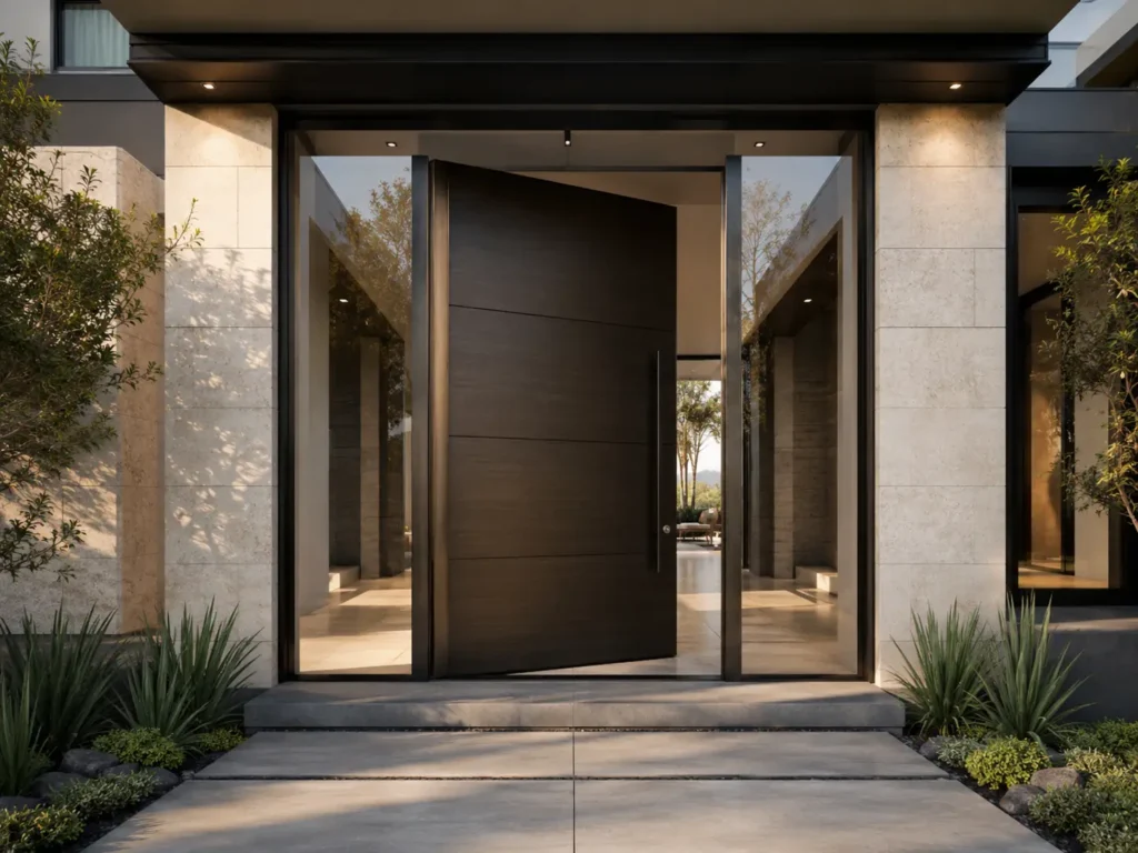 Luxury modern villa entrance with oversized dark pivot front door, glass sidelights, stone facade, and minimalist landscaping.
