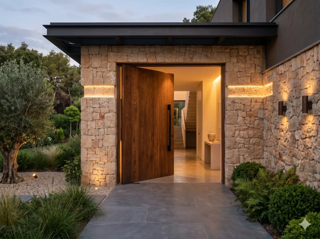 A large luxury modern wood entry door installed on a high-end stone facade, showcasing George Homes premium building solutions.