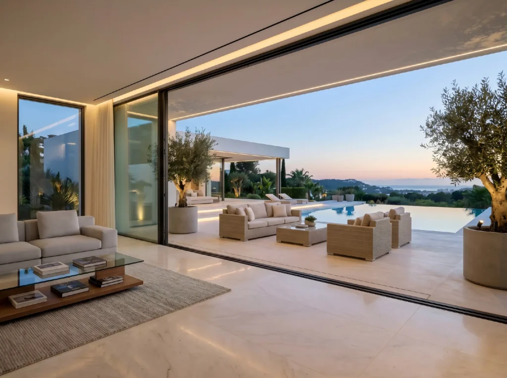 A premium light-colored rattan outdoor furniture sofa set arranged by a luxury villa pool, showcasing a seamless indoor-outdoor architectural transition.