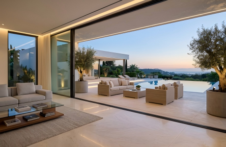 A premium light-colored rattan outdoor furniture sofa set arranged by a luxury villa pool, showcasing a seamless indoor-outdoor architectural transition.