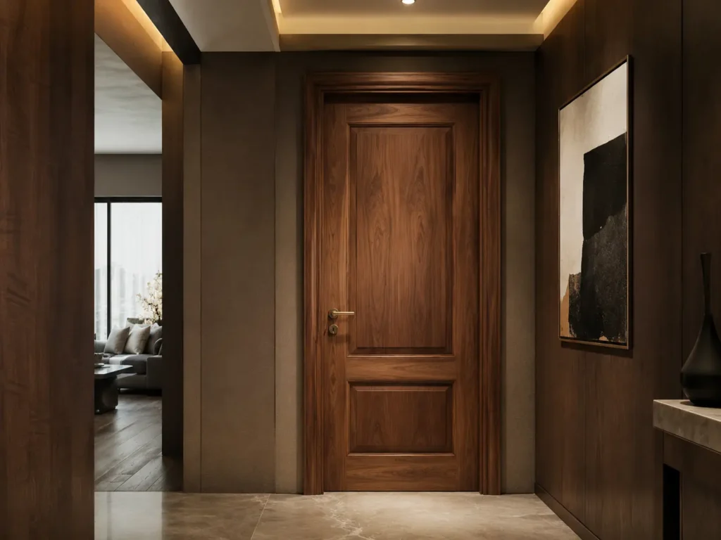Premium solid wood interior door with natural walnut grain installed in a luxury villa hallway.
