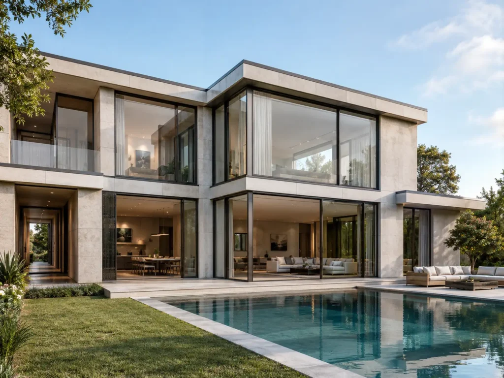 Luxury modern villa with floor-to-ceiling aluminum windows and slim dark frames overlooking a pool