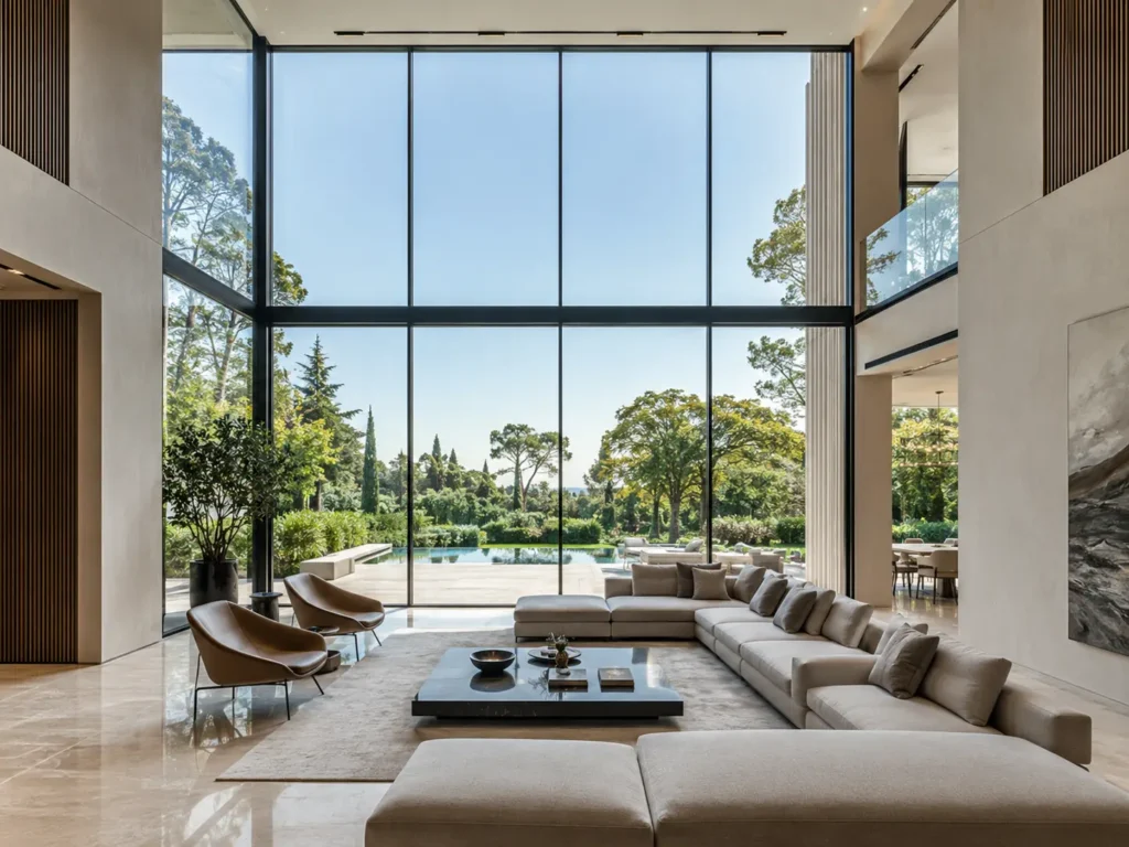 Luxury villa living room with double-height floor-to-ceiling windows, slim black aluminum frames, and panoramic garden view.