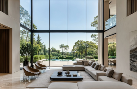 Luxury villa living room with double-height floor-to-ceiling windows, slim black aluminum frames, and panoramic garden view.