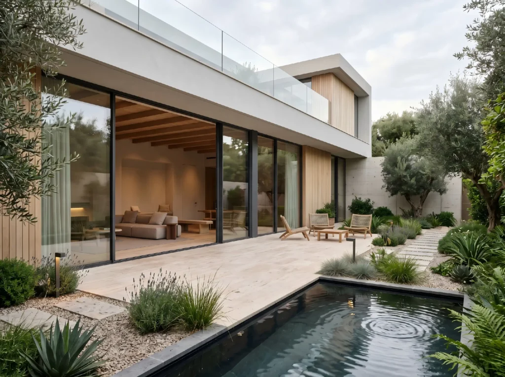 Exterior view of a luxury modern villa featuring expansive aluminium sliding windows that seamlessly connect the indoor living space to an outdoor patio.