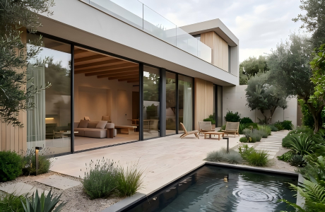 Exterior view of a luxury modern villa featuring expansive aluminium sliding windows that seamlessly connect the indoor living space to an outdoor patio.