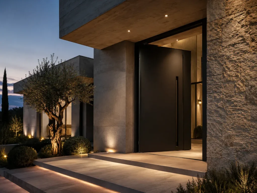 Luxury modern villa entrance at dusk with oversized dark aluminum pivot door, warm architectural lighting and stone cladding