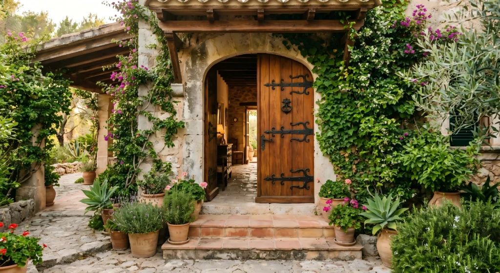 A classic solid wood entry door with heavy iron hardware installed on a luxury Mediterranean villa project.