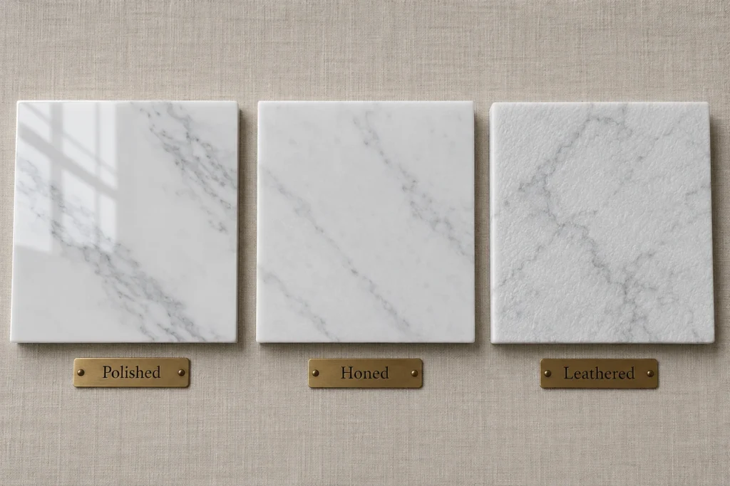 Side-by-side comparison of polished, honed, and leathered marble finishes on white stone samples, helping project managers and builders choose the right surface texture.