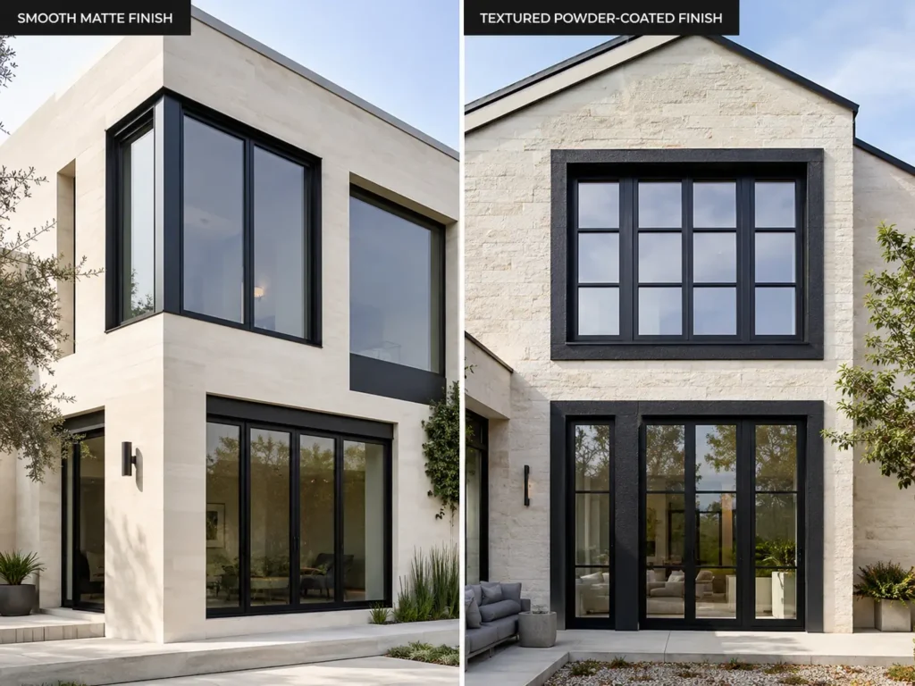 Matte black aluminum windows with smooth and textured powder-coated finishes on light natural stone modern facades.