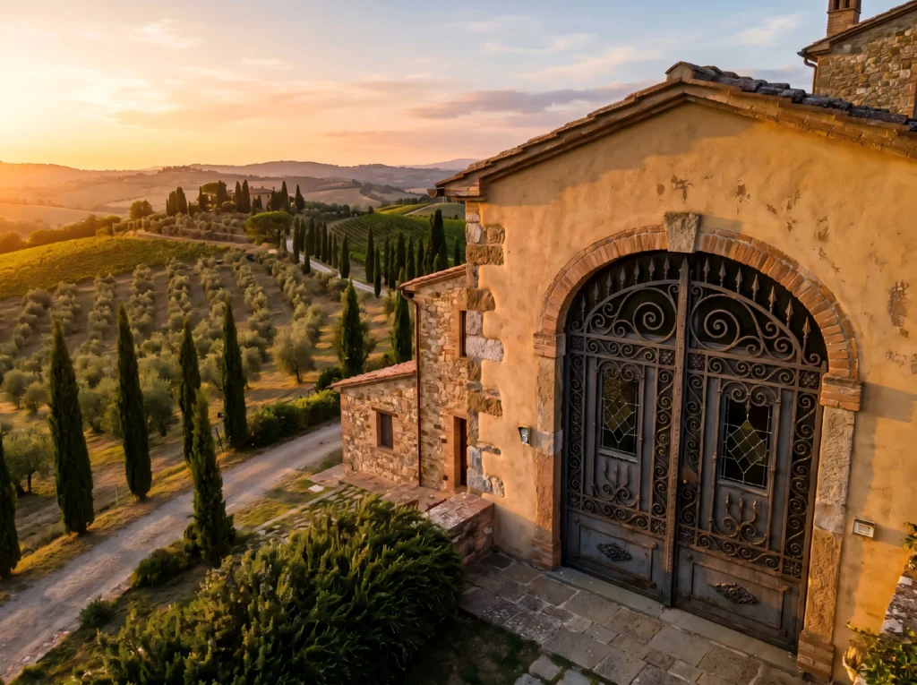 Ornate wrought iron entry door on a Tuscan-style Mediterranean villa overlooking a vineyard, showcasing architectural consistency.