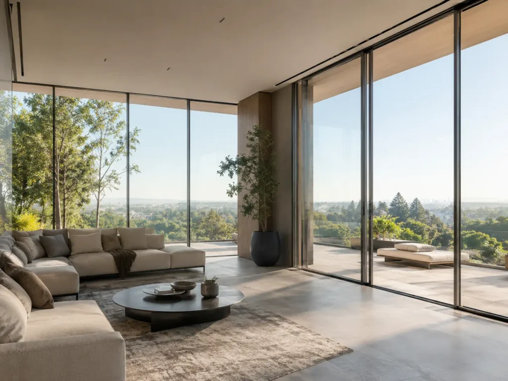 Minimal frame windows in a modern luxury living room with panoramic outdoor views, natural light, and slim aluminum window frames