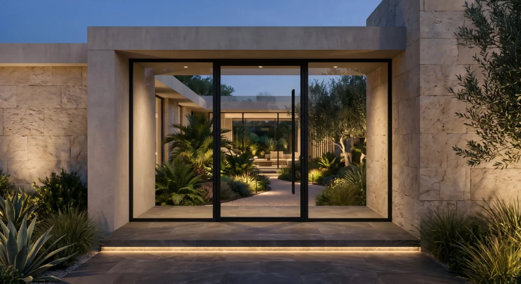 Nighttime photography of a modern luxury villa entrance showcasing a large black-framed minimalist glass entry door, leading to an elegantly illuminated courtyard with textured stone exterior walls.