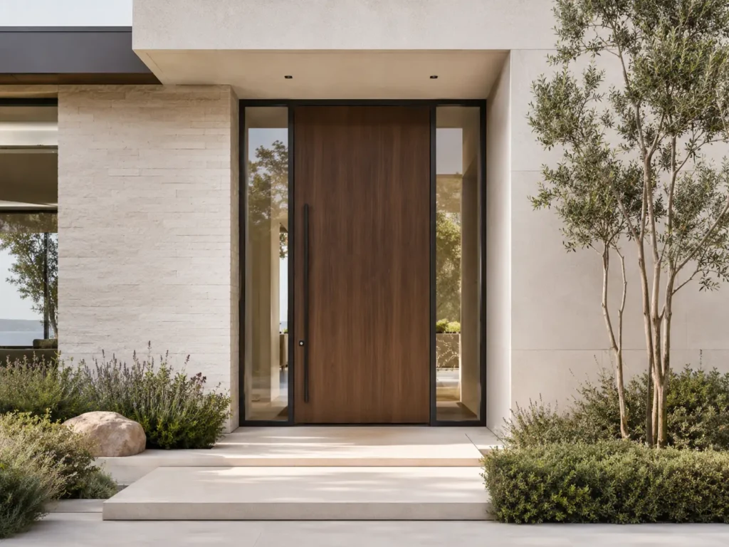 Minimalist wood pivot entry door with slim glass sidelights on a quiet luxury modern villa facade