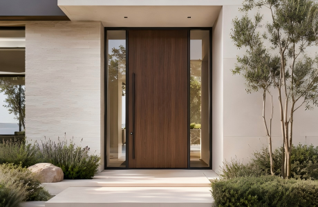 Minimalist wood pivot entry door with slim glass sidelights on a quiet luxury modern villa facade