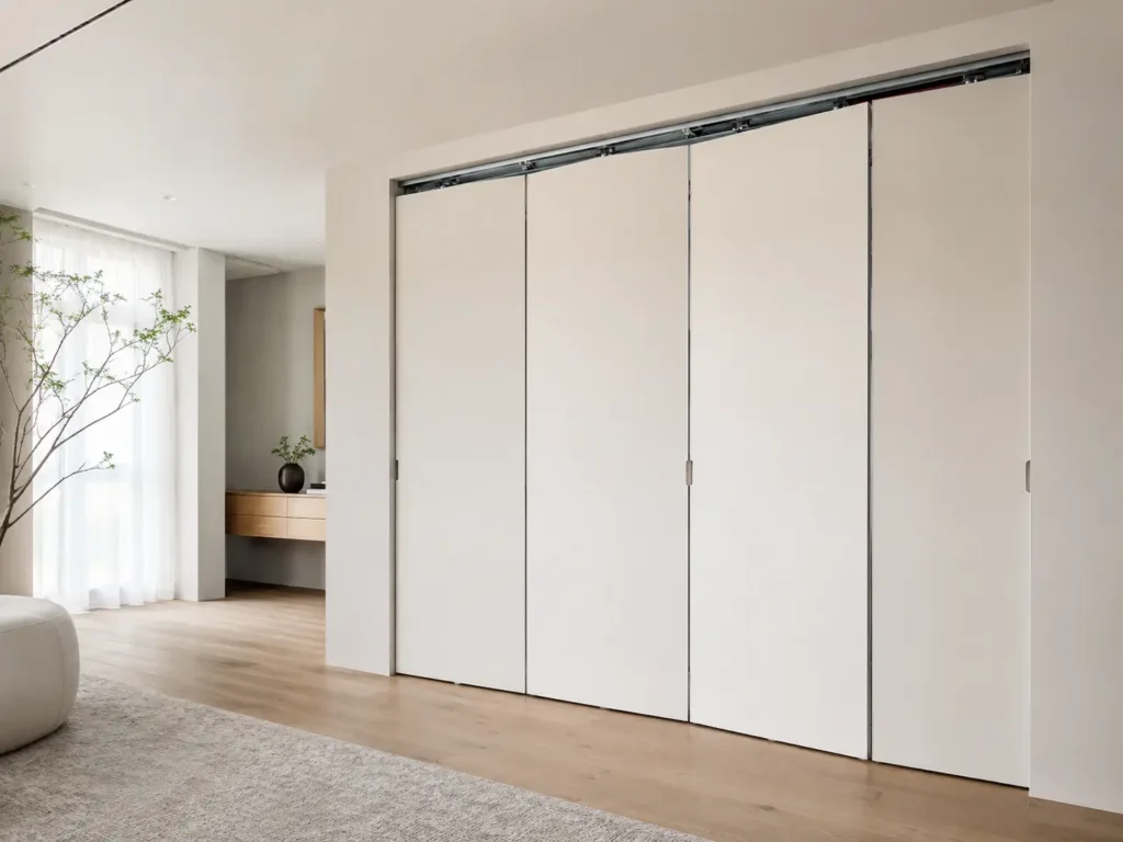 Contemporary minimalistic interior folding doors dividing a living space, featuring light beige wood grain panels and top-hung track hardware in a modern home.