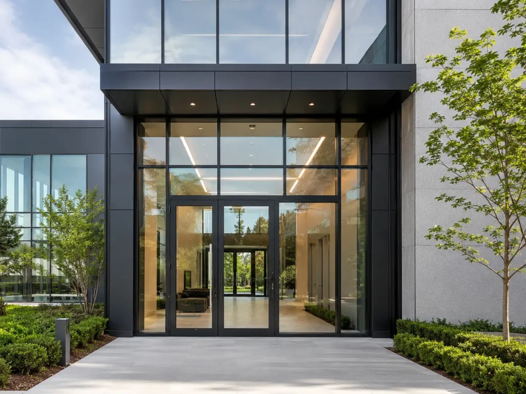 Modern commercial building entrance with aluminum glass doors, black frames, and landscaped exterior