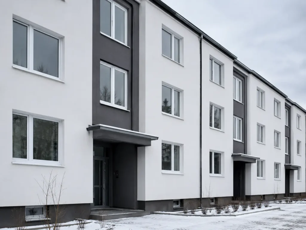 Exterior view of a modern multi-story residential building featuring multiple standardized white-framed windows on a winter day.