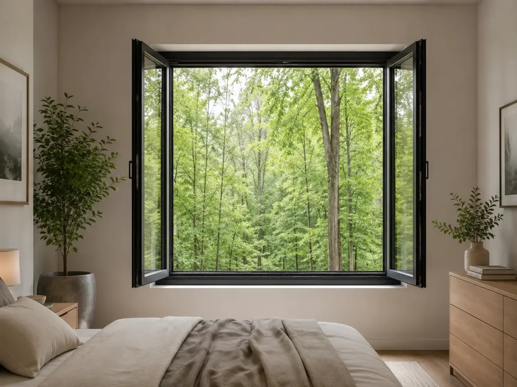 Modern black-framed casement window opening outward in a minimalist bedroom, providing unobstructed forest views and optimal natural ventilation.
